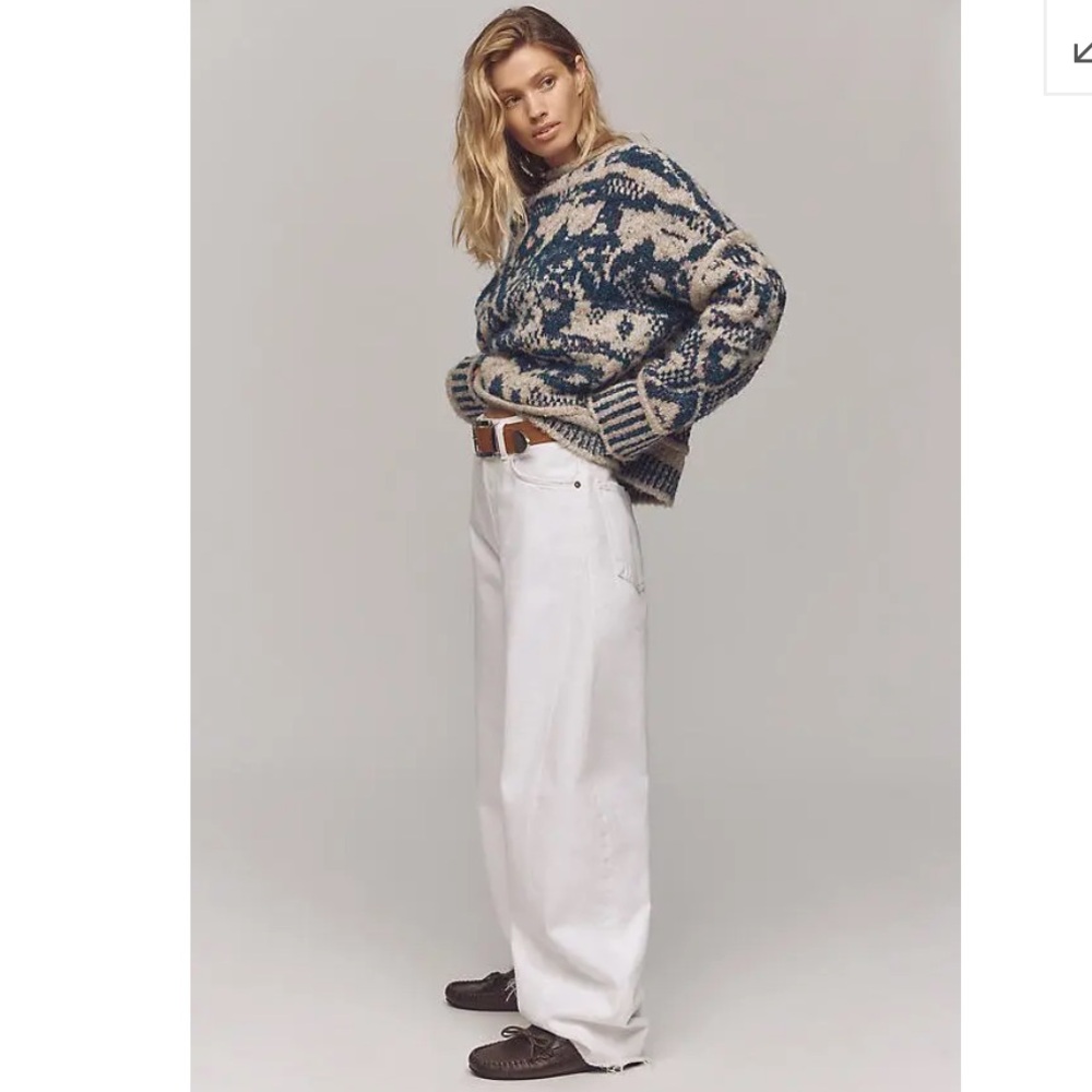 Pilcro Cream and Teal Patterned Crewneck Sweater - Picture 3 of 7